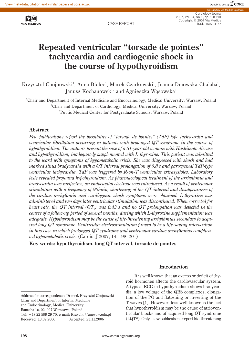 “Torsade De Pointes” Tachycardia and Cardiogenic Shock in the Course of Hypothyroidism