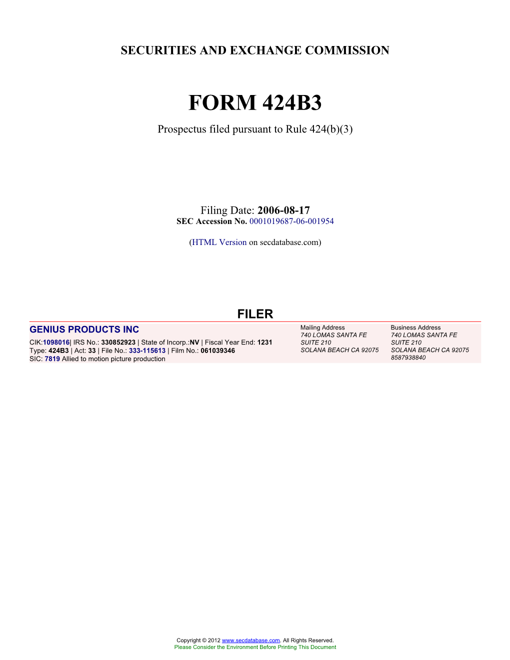 GENIUS PRODUCTS INC (Form: 424B3, Filing Date