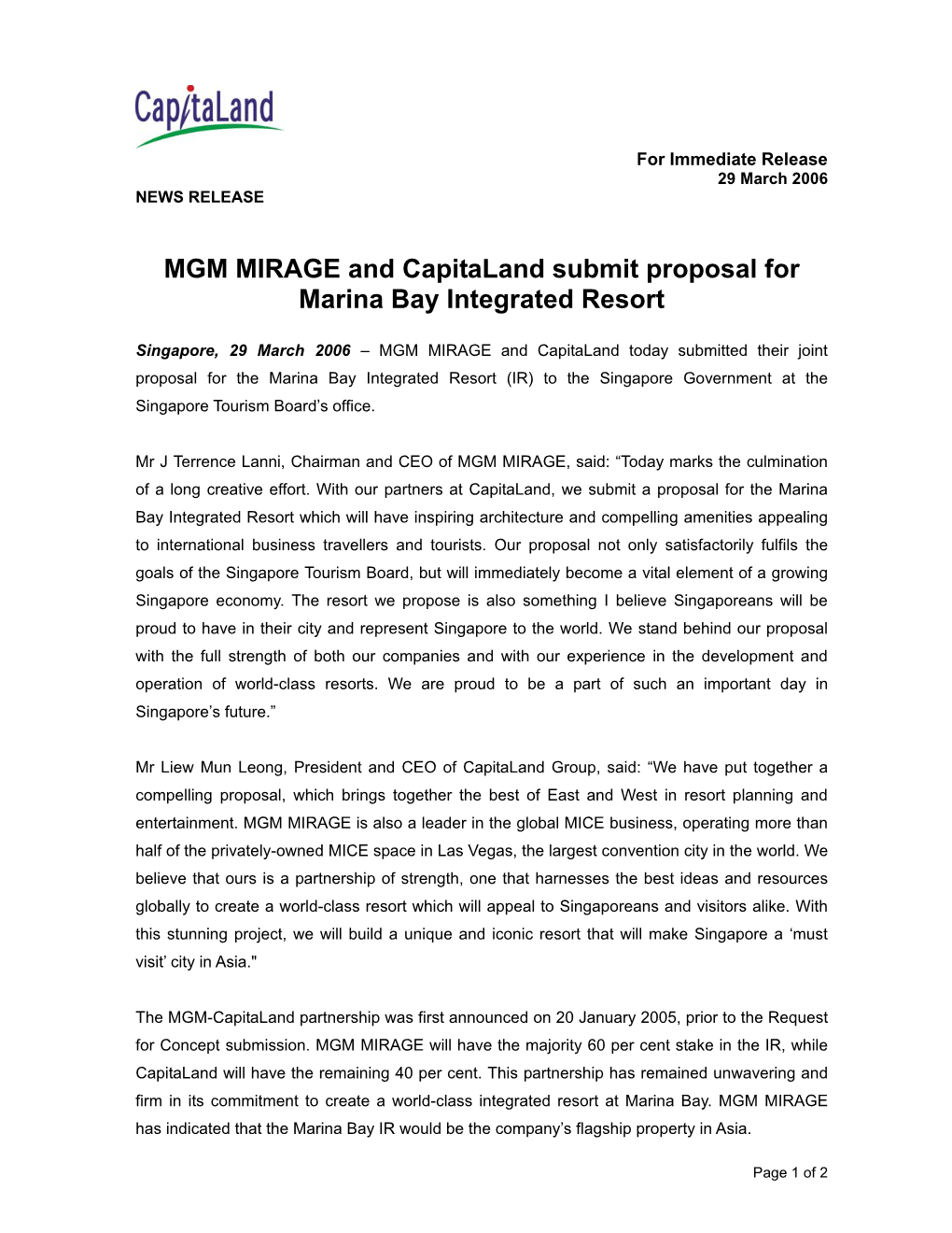 MGM MIRAGE and Capitaland Submit Proposal for Marina Bay Integrated Resort