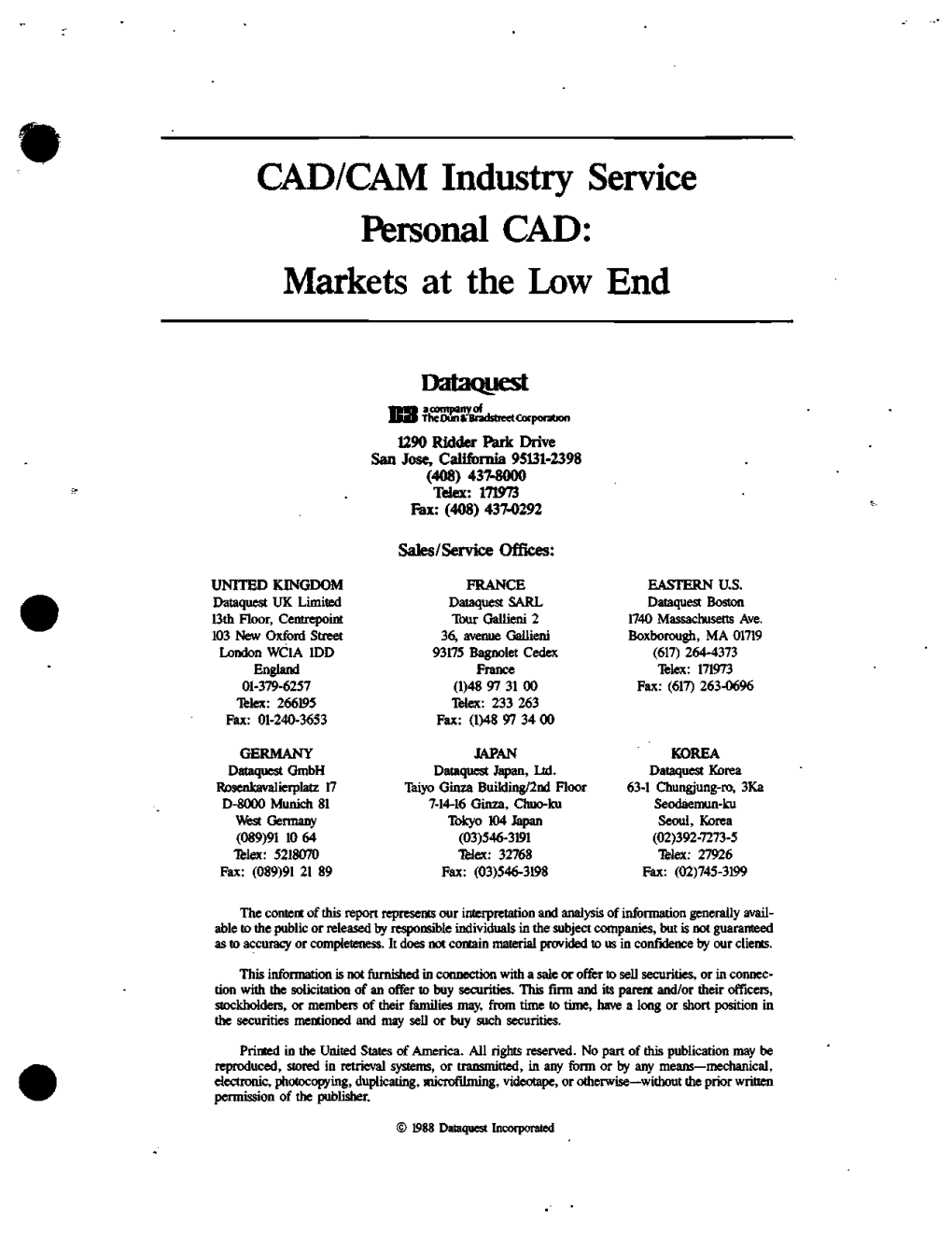 Personal CAD : Markets at the Low End, 1988-1989