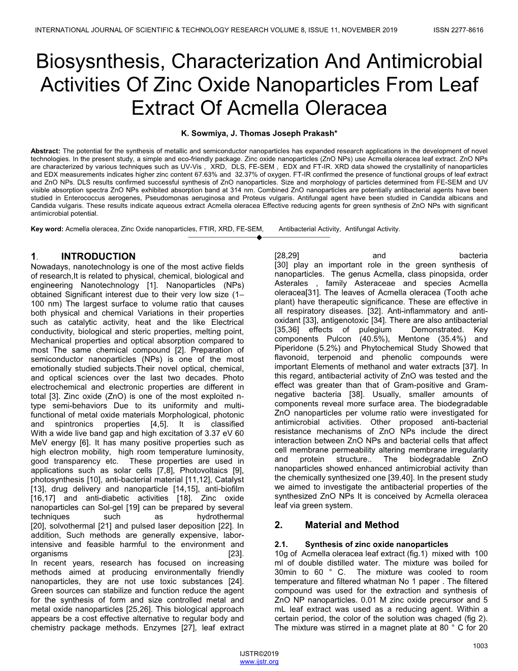 Biosysnthesis, Characterization and Antimicrobial Activities of Zinc Oxide Nanoparticles from Leaf Extract of Acmella Oleracea