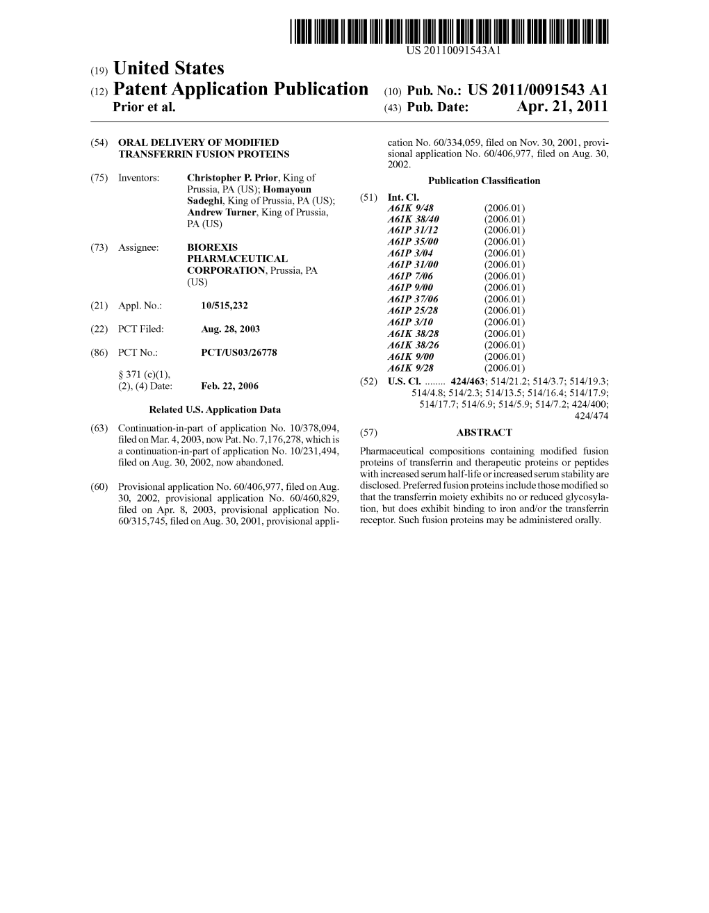 (12) Patent Application Publication (10) Pub. No.: US 2011/009 1543 A1 Prior Et Al