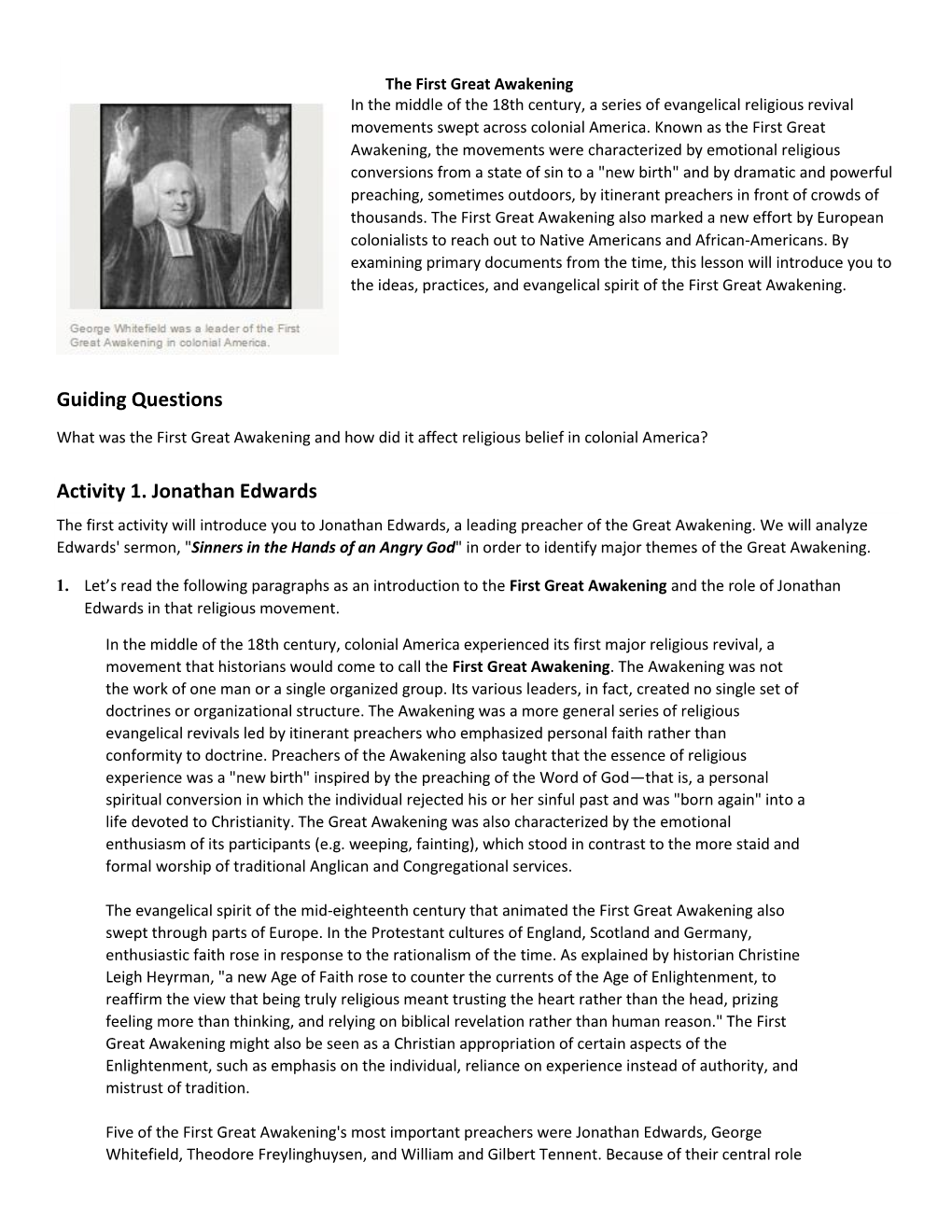 Guiding Questions Activity 1. Jonathan Edwards