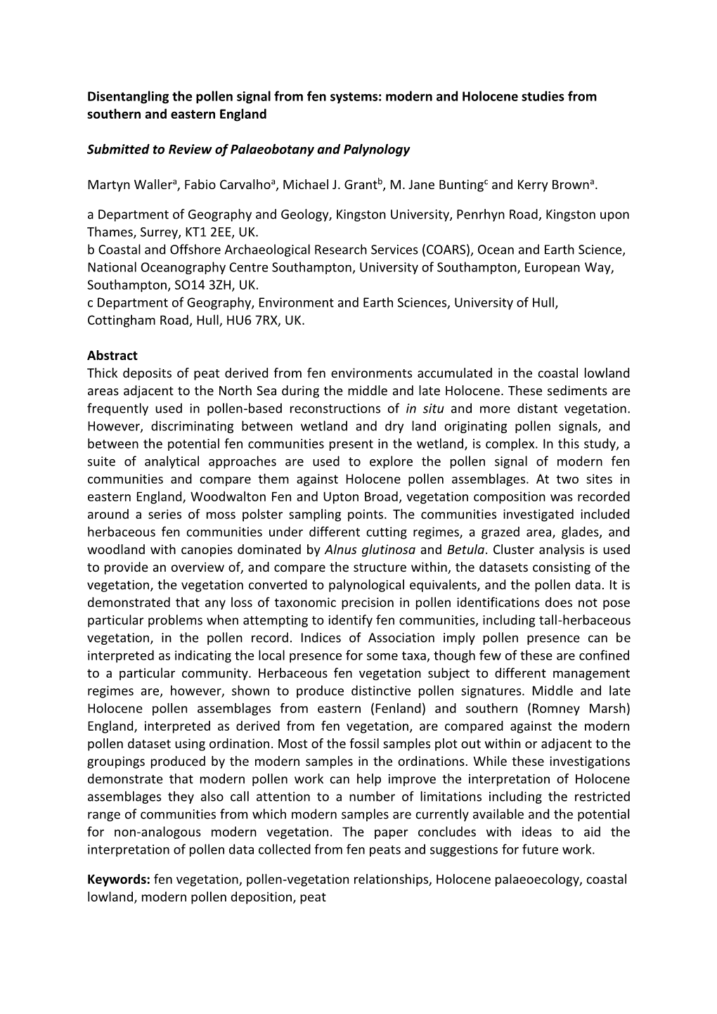 Disentangling the Pollen Signal from Fen Systems: Modern and Holocene Studies from Southern and Eastern England