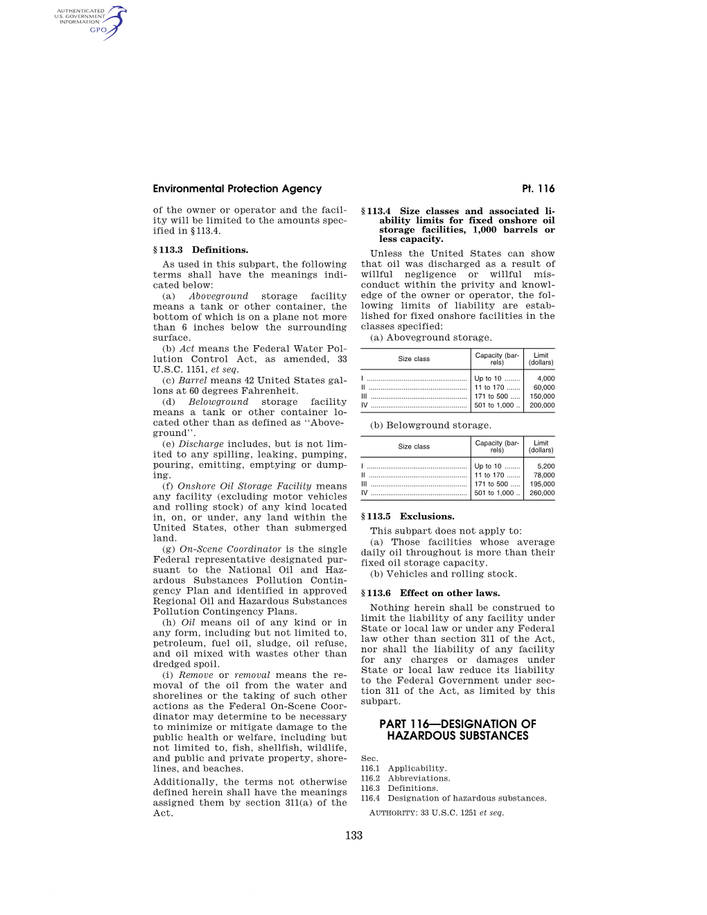 133 Part 116—Designation of Hazardous Substances