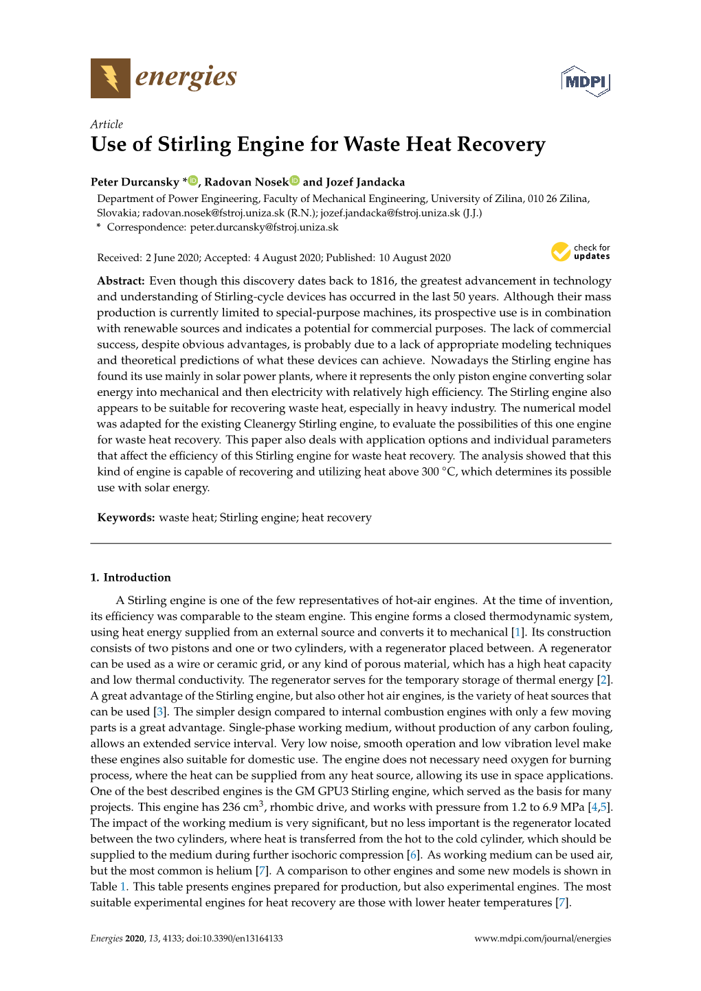 Use of Stirling Engine for Waste Heat Recovery