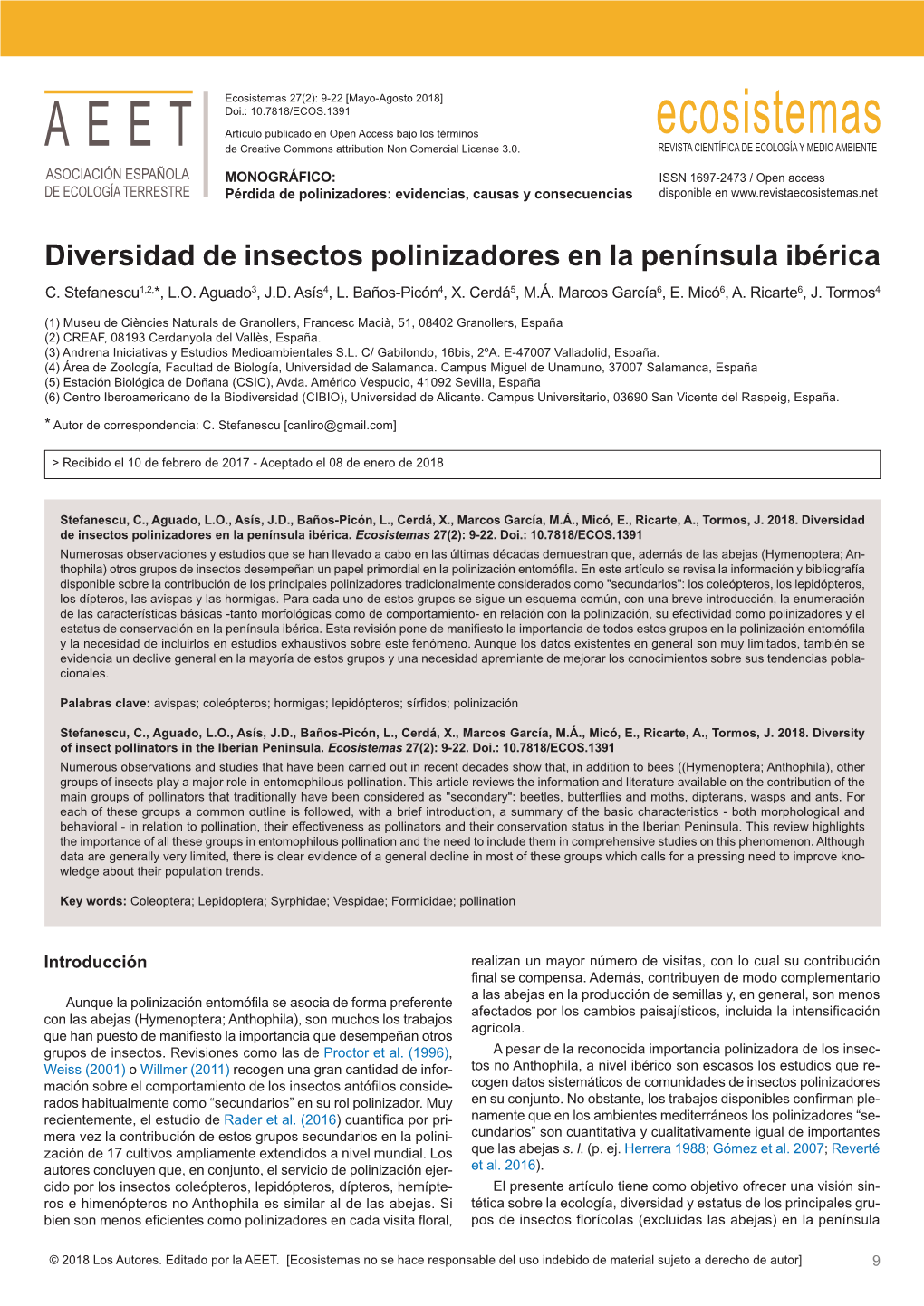 Diversidad De Insectos Polinizadores En La Península Ibérica C