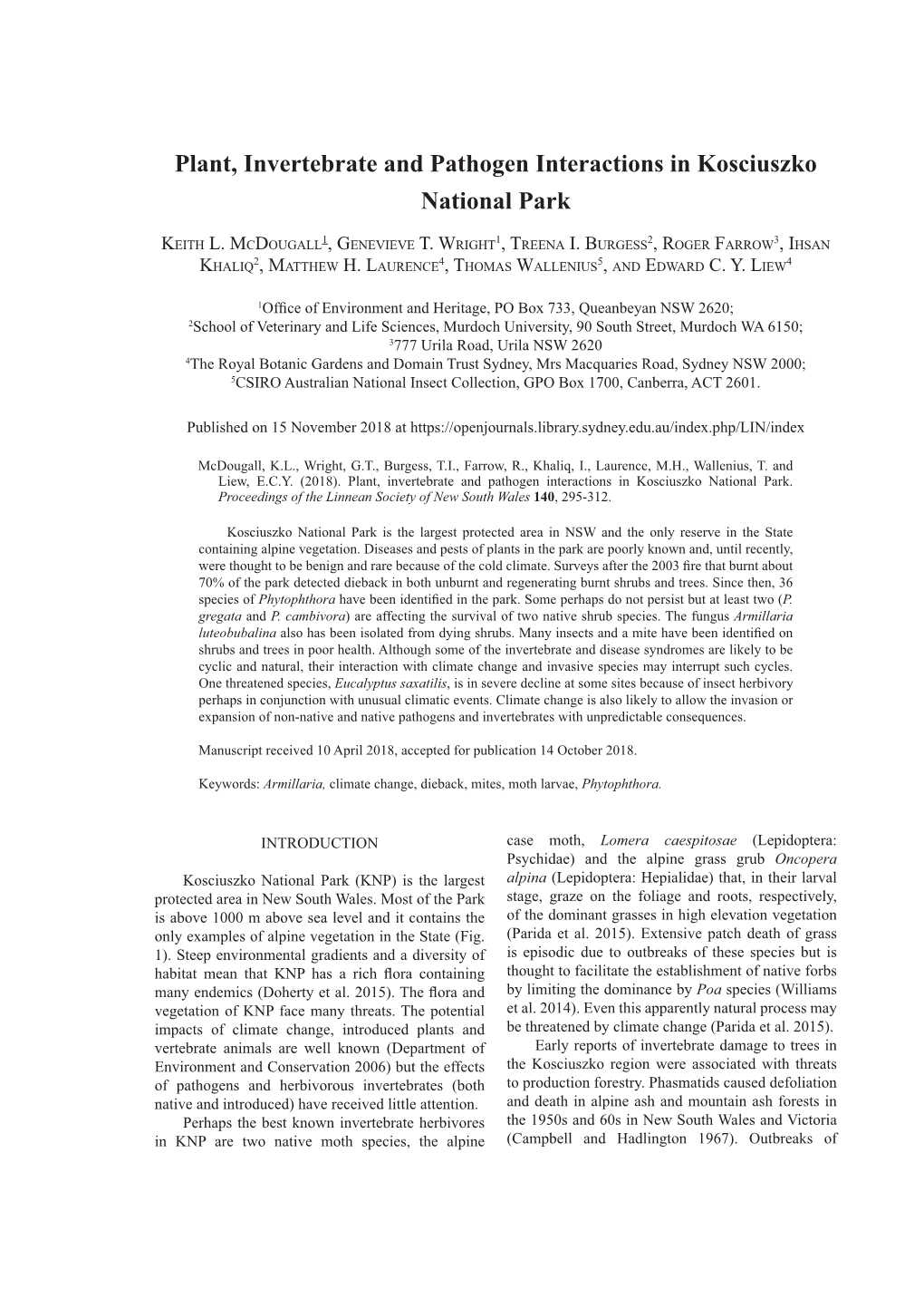 Plant, Invertebrate and Pathogen Interactions in Kosciuszko National Park