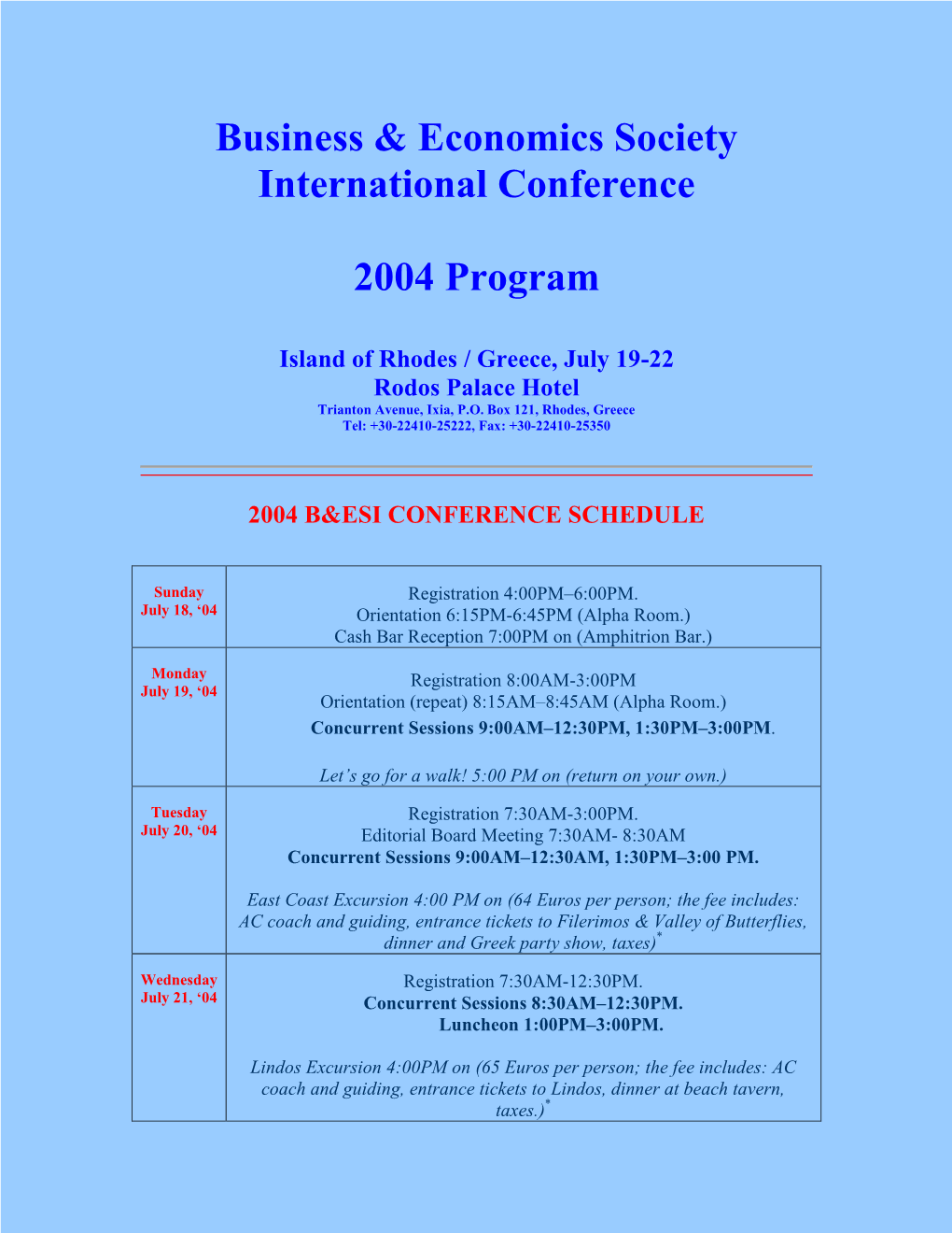 Business & Economics Society International Conference 2004 Program Island of Rhodes