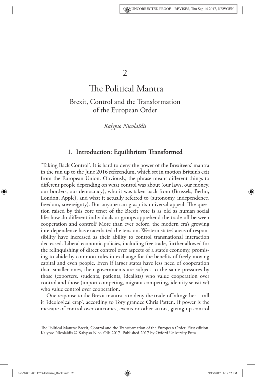 The Political Mantra Brexit, Control and the Transformation of the European Order