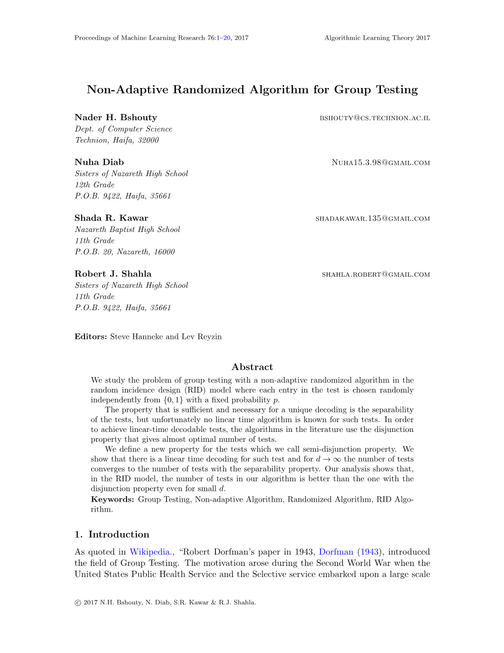 Non-Adaptive Randomized Algorithm for Group Testing