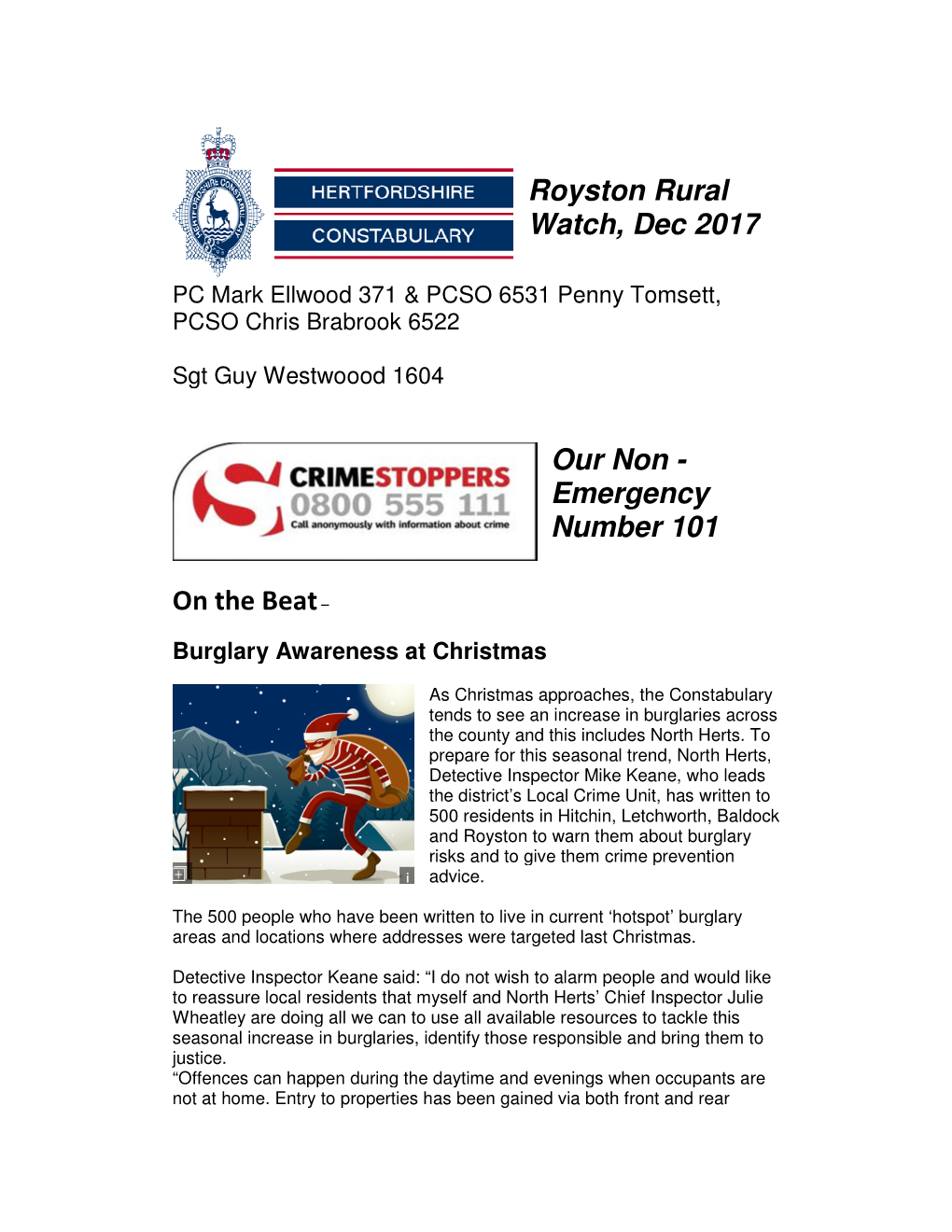 On the Beat– Royston Rural Watch, Dec 2017 Our