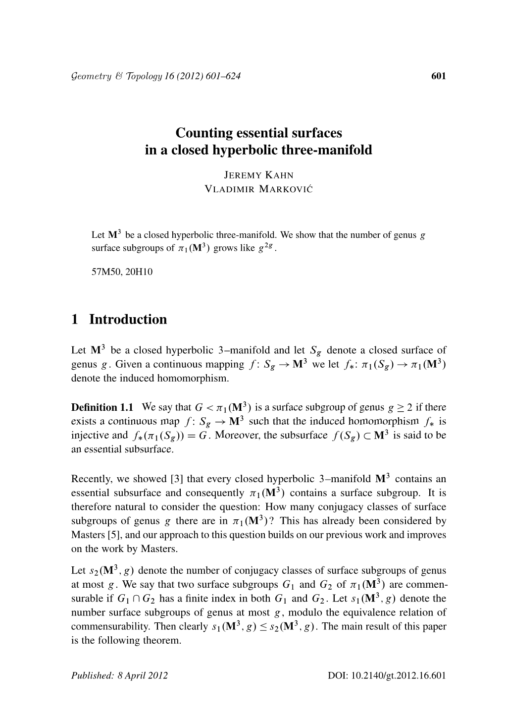 Counting Essential Surfacesin a Closed Hyperbolic Three-Manifold