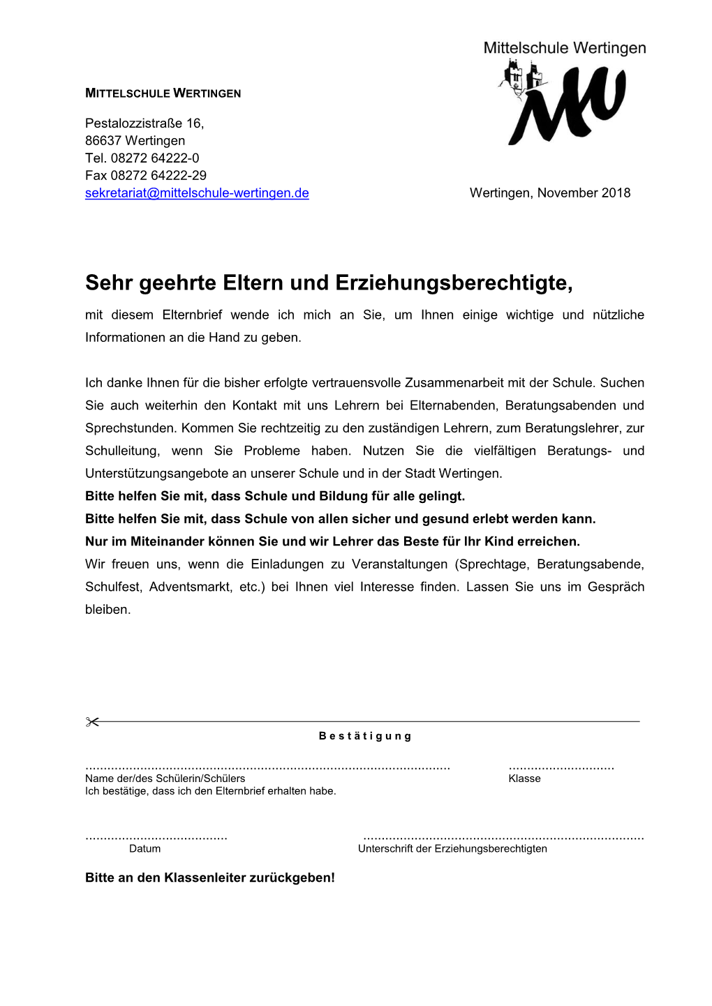 Sehr Geehrte Eltern Und Erziehungsberechtigte, Mit Diesem Elternbrief Wende Ich Mich an Sie, Um Ihnen Einige Wichtige Und Nützliche Informationen an Die Hand Zu Geben