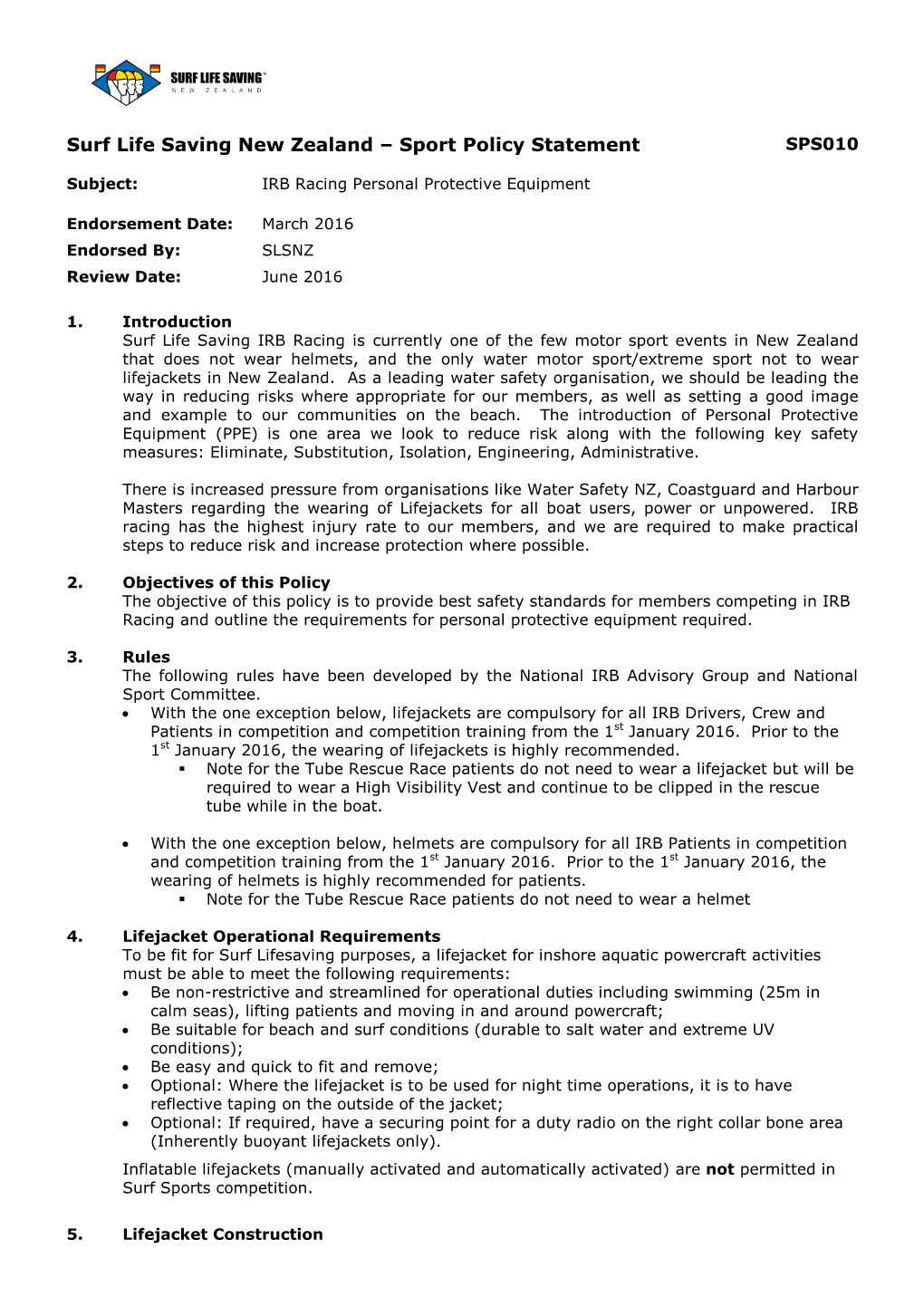 Surf Life Saving New Zealand – Sport Policy Statement SPS010