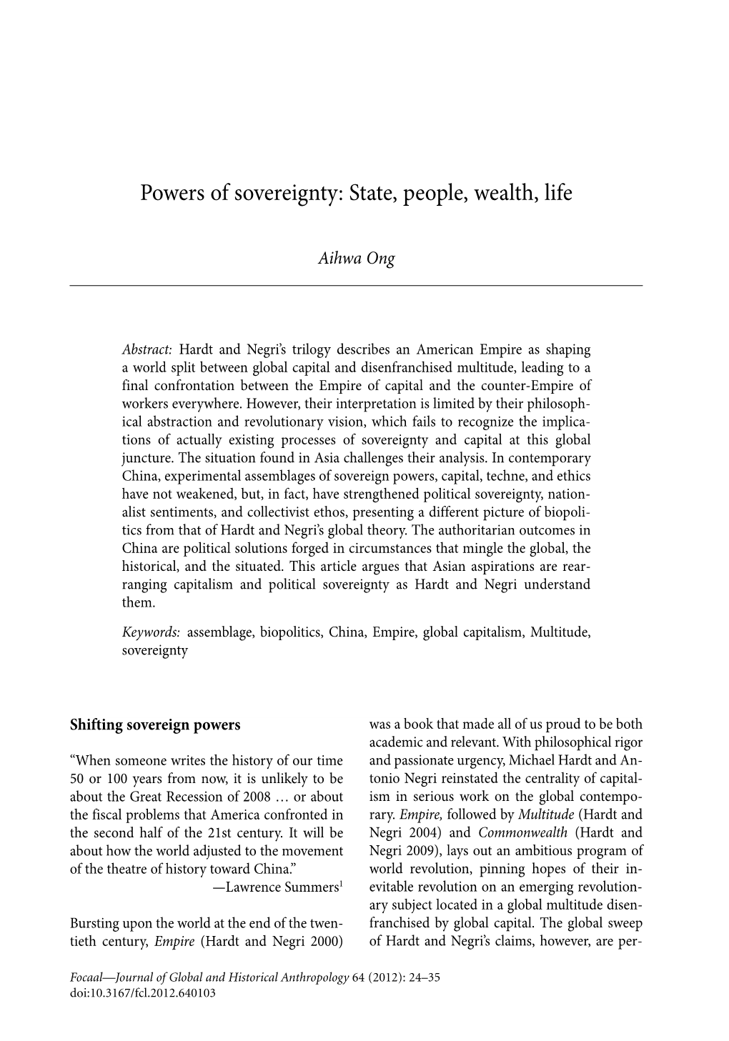 Powers of Sovereignty: State, People, Wealth, Life