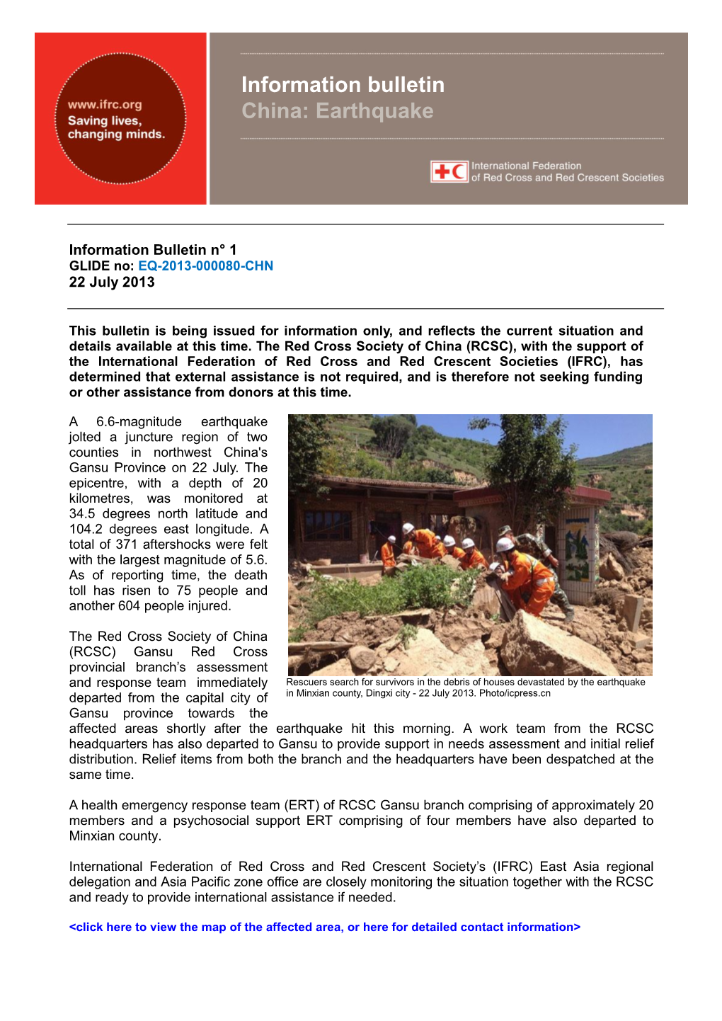 Information Bulletin China: Earthquake