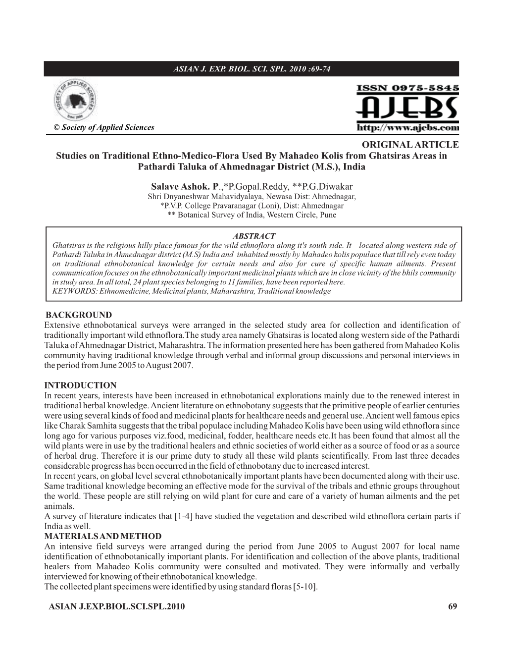 ORIGINAL ARTICLE Studies on Traditional Ethno-Medico-Flora Used by Mahadeo Kolis from Ghatsiras Areas in Pathardi Taluka of Ahme