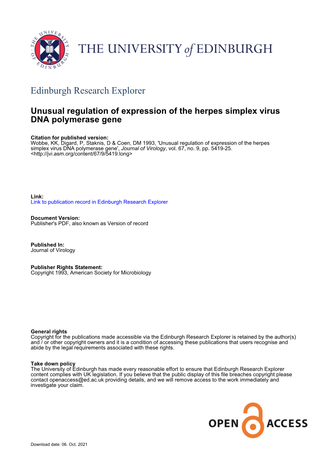 Unusual Regulation of Expression of the Herpes Simplex Virus DNA Polymerase Gene', Journal of Virology, Vol