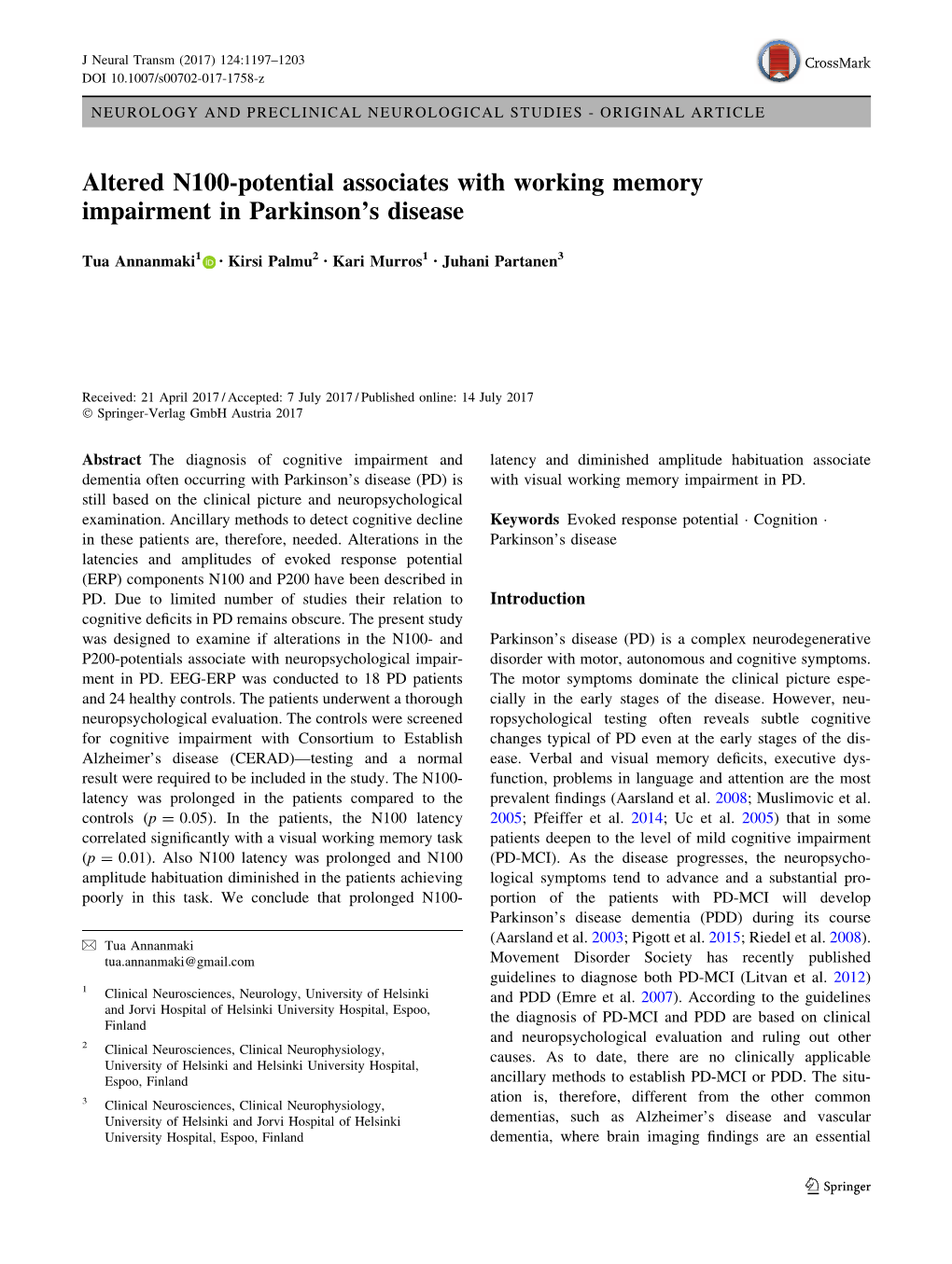 Altered N100-Potential Associates with Working Memory Impairment in Parkinson’S Disease