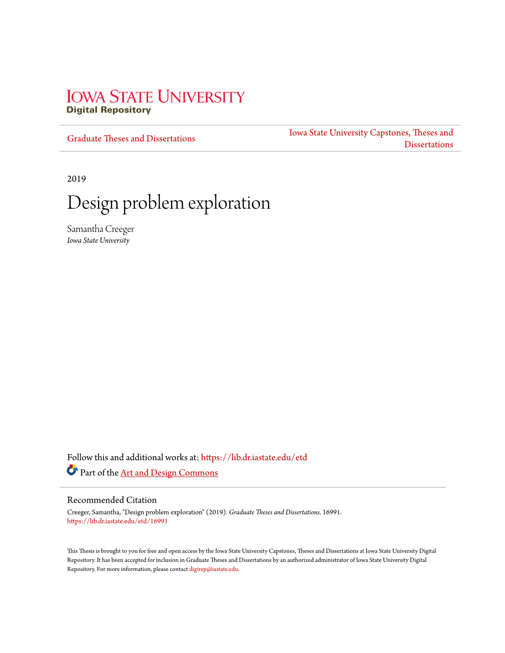 Design Problem Exploration Samantha Creeger Iowa State University