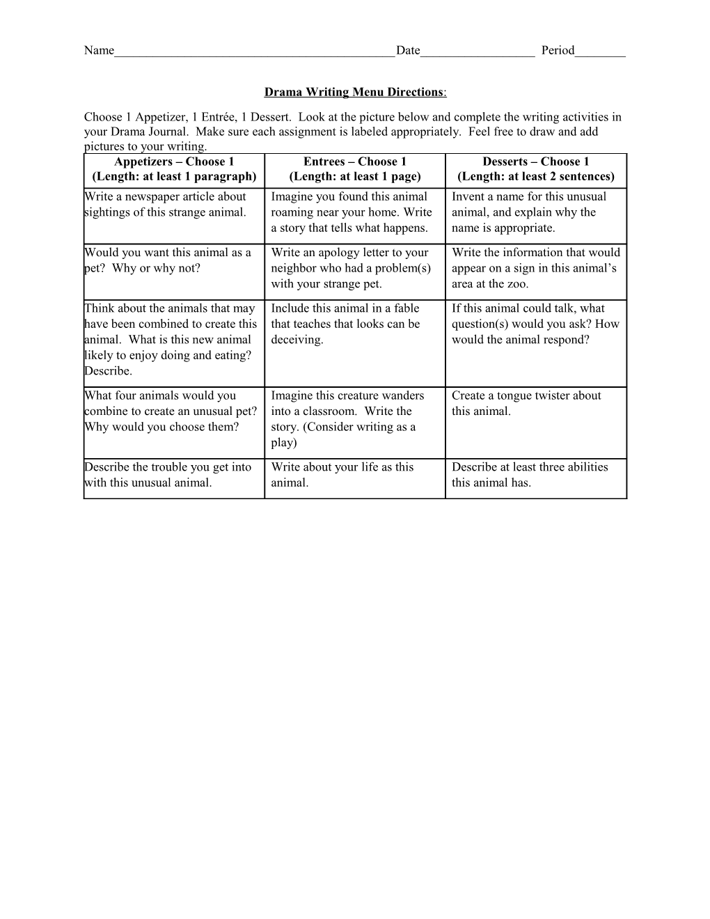 Drama Writing Menu Directions