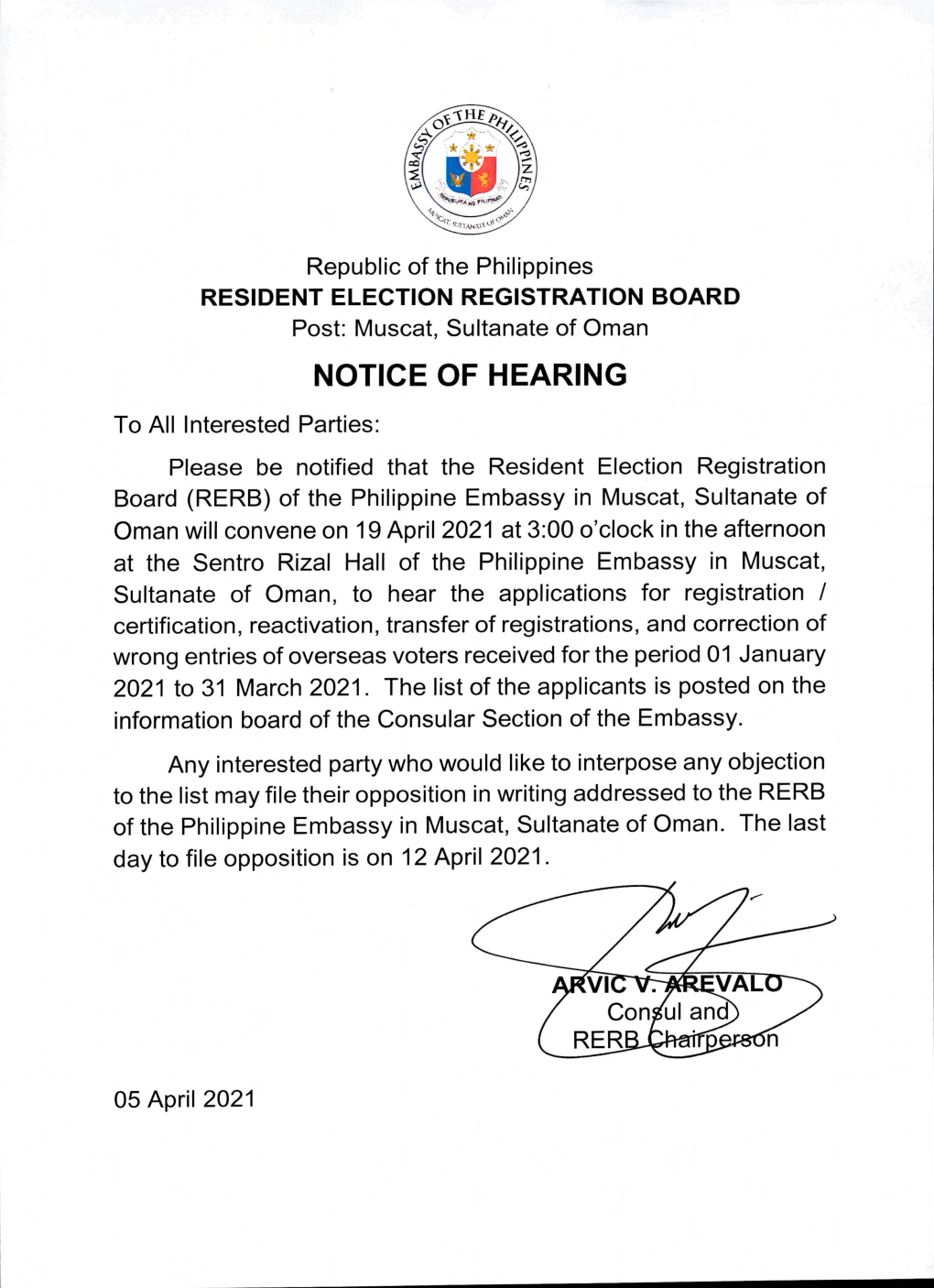 RERB Hearing for 19 April 20
