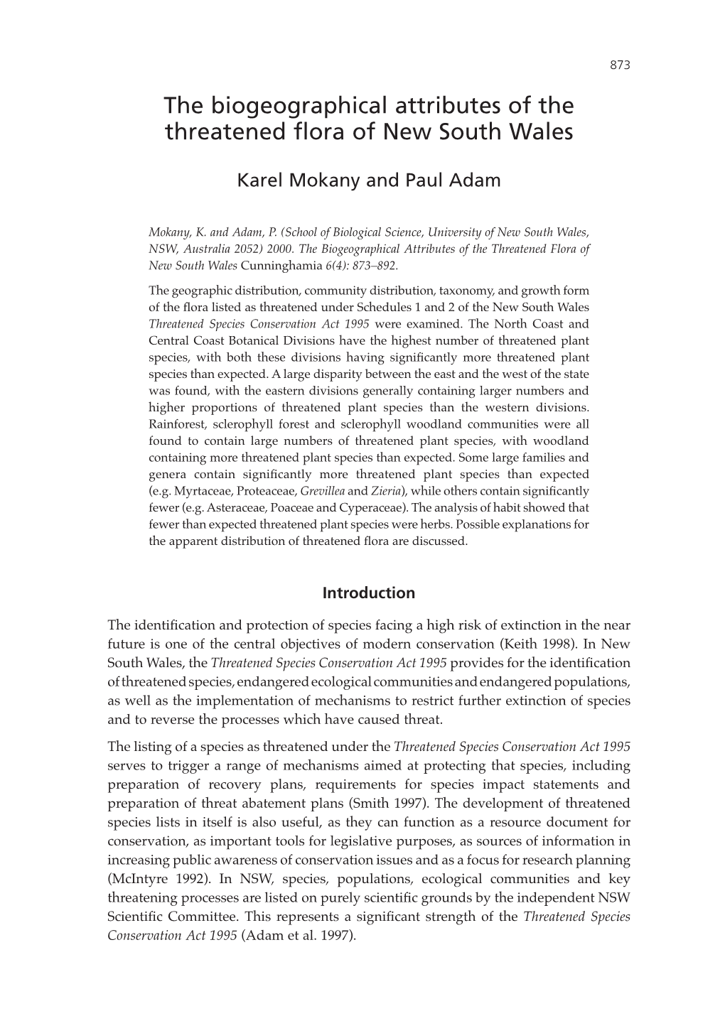 The Biogeographical Attributes of the Threatened Flora of New South Wales