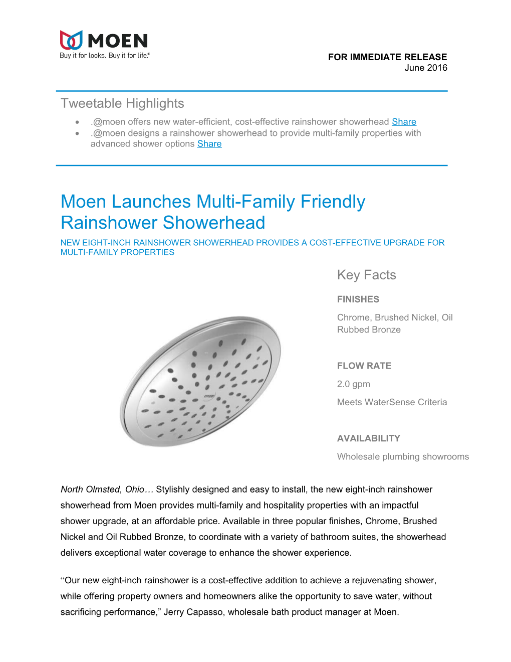 Moen Offers New Water-Efficient, Cost-Effective Rainshower Showerhead Share