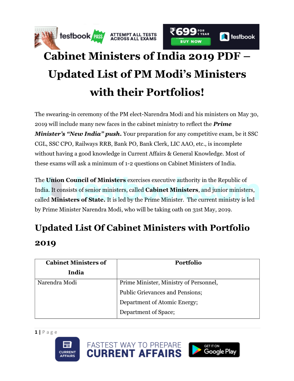 Cabinet Ministers of India 2019 PDF – Updated List of PM Modi’S Ministers with Their Portfolios!