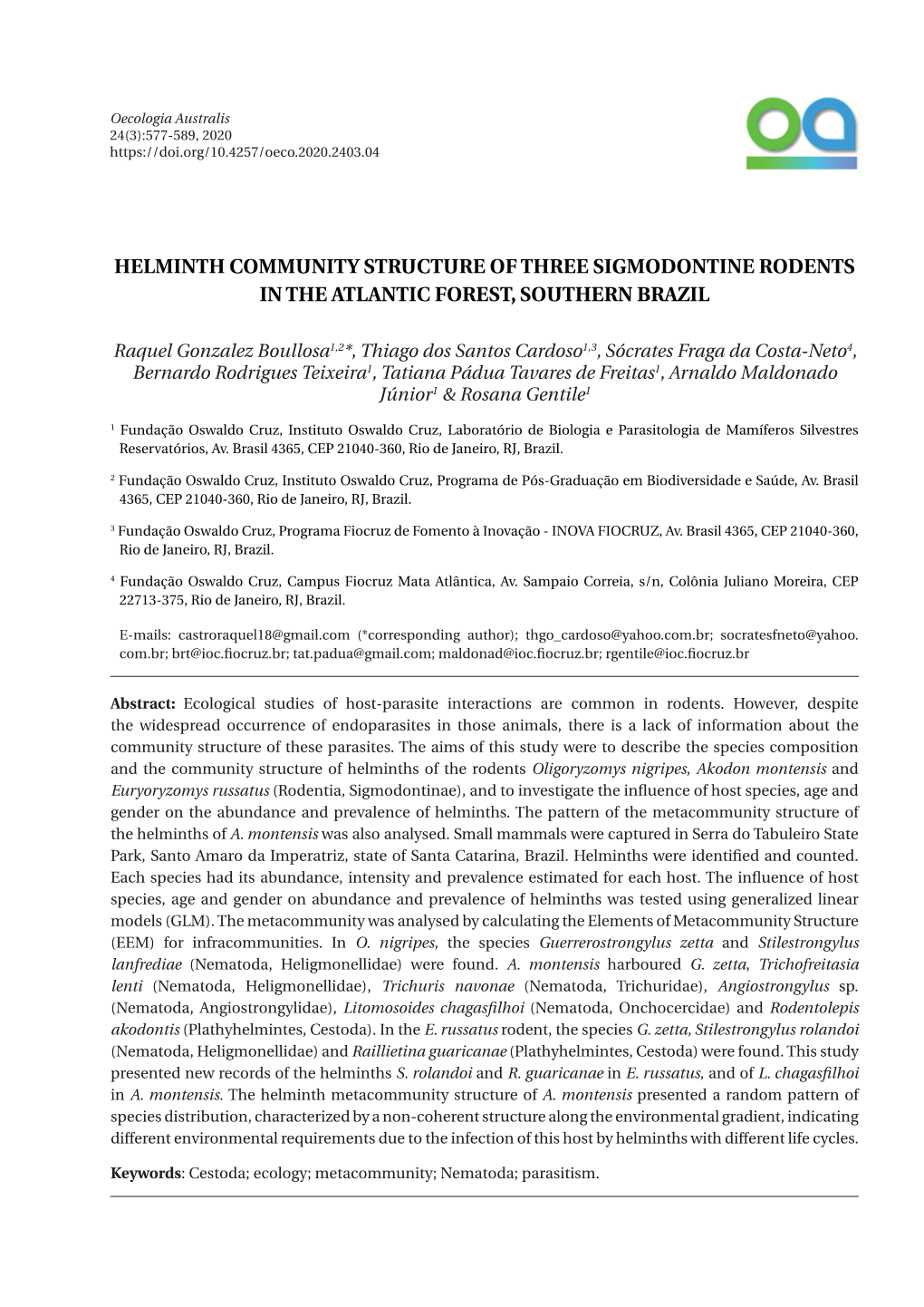 Helminth Community Structure of Three Sigmodontine Rodents in the Atlantic Forest, Southern Brazil