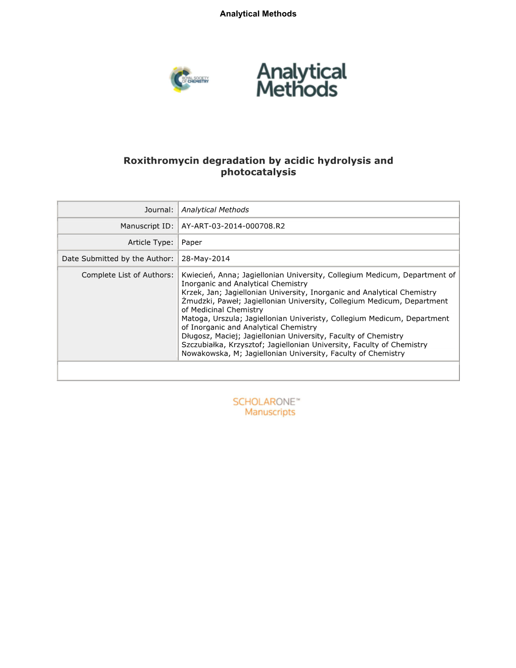 Roxithromycin Degradation by Acidic Hydrolysis and Photocatalysis