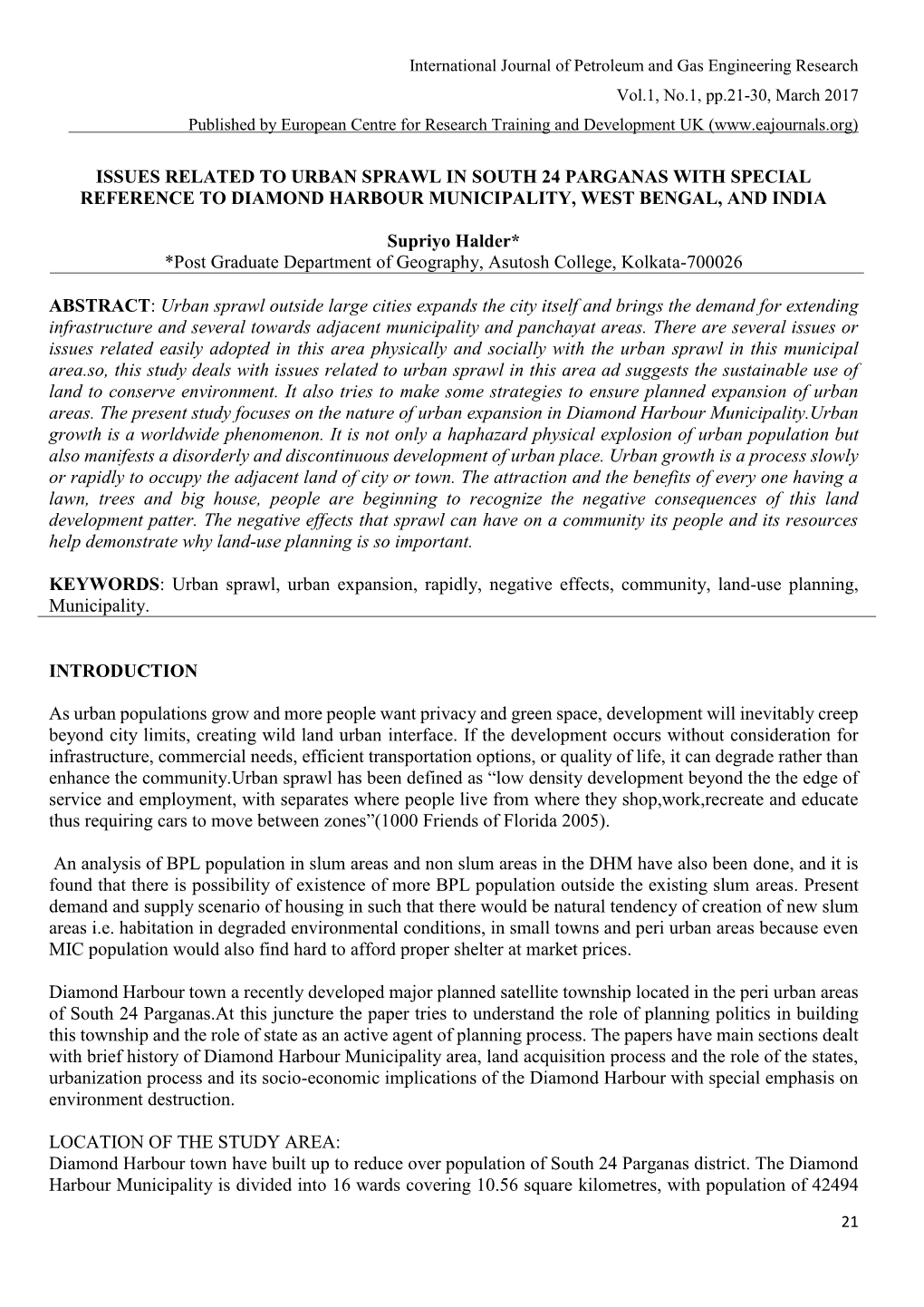 Issues Related to Urban Sprawl in South 24 Parganas with Special Reference to Diamond Harbour Municipality, West Bengal, and India