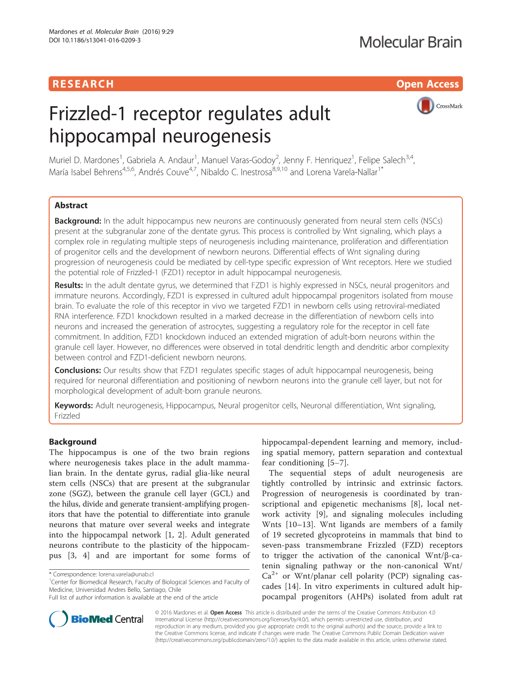 Frizzled-1 Receptor Regulates Adult Hippocampal Neurogenesis Muriel D