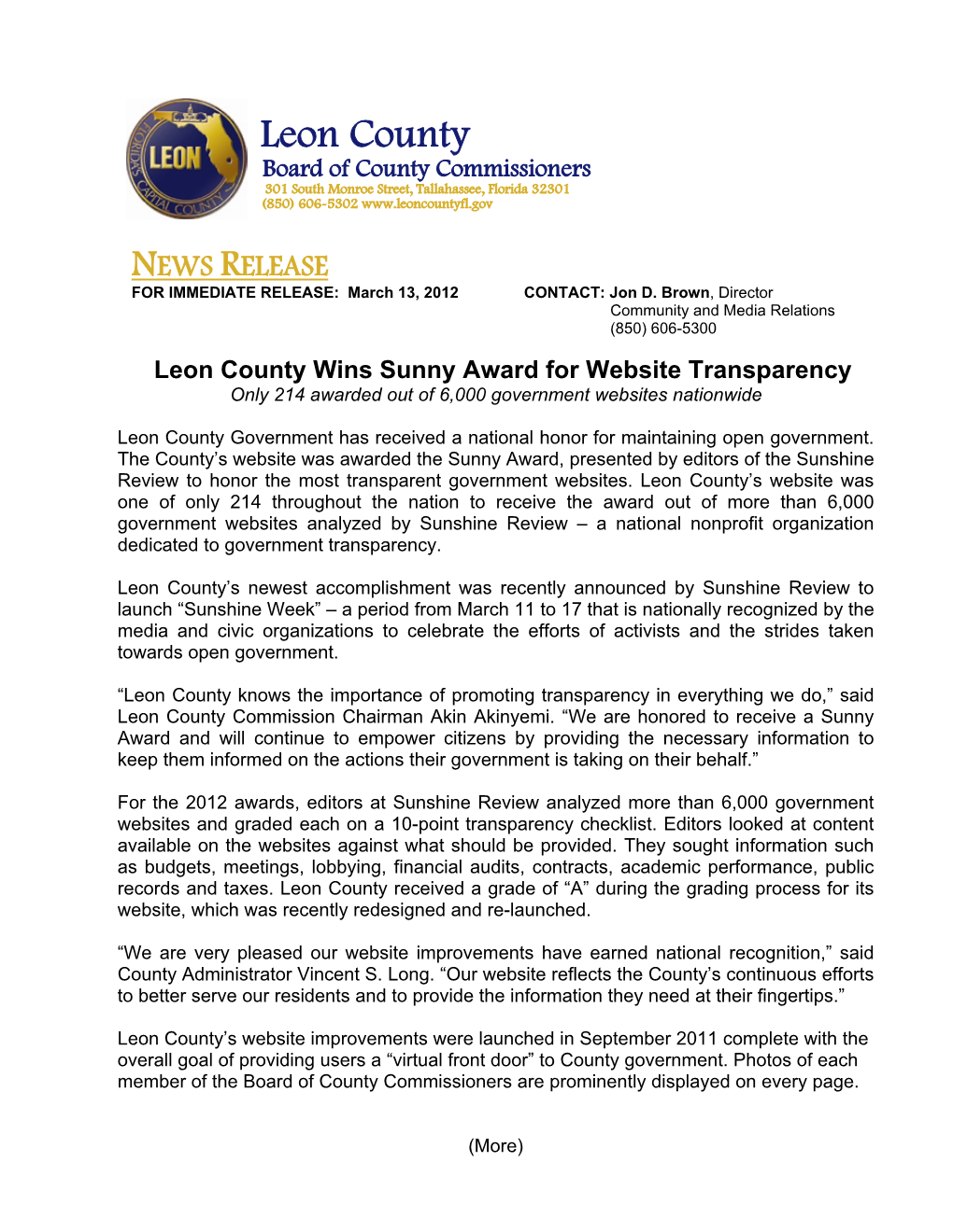 Leon County Wins Sunny Award for Website Transparency Only 214 Awarded out of 6,000 Government Websites Nationwide