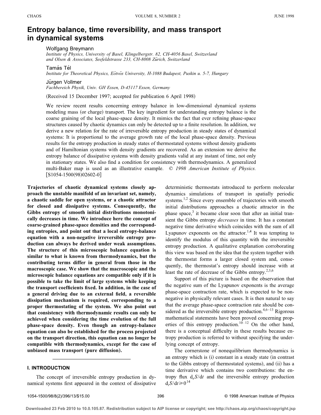 Entropy Balance, Time Reversibility, and Mass Transport in Dynamical Systems Wolfgang Breymann Institute of Physics, University of Basel, Klingelbergstr