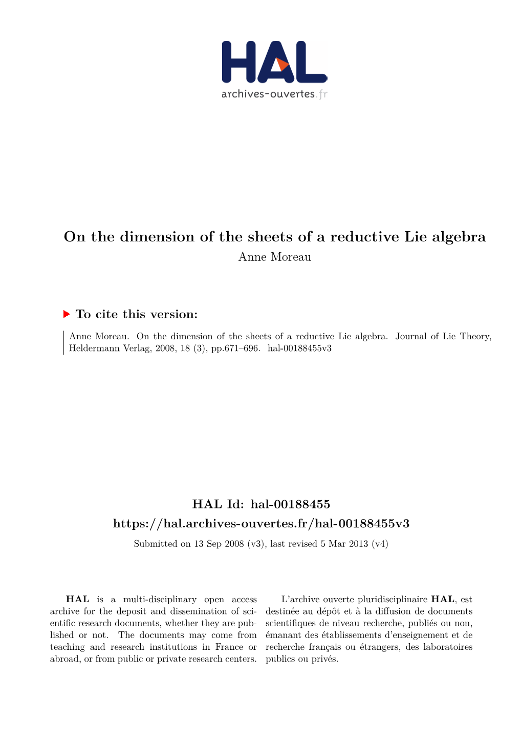 On the Dimension of the Sheets of a Reductive Lie Algebra Anne Moreau
