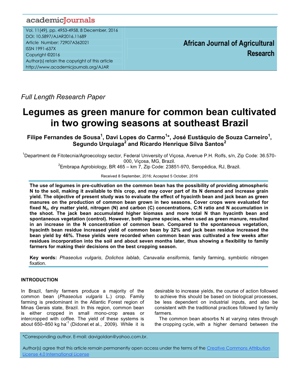 Legumes As Green Manure for Common Bean Cultivated in Two Growing Seasons at Southeast Brazil