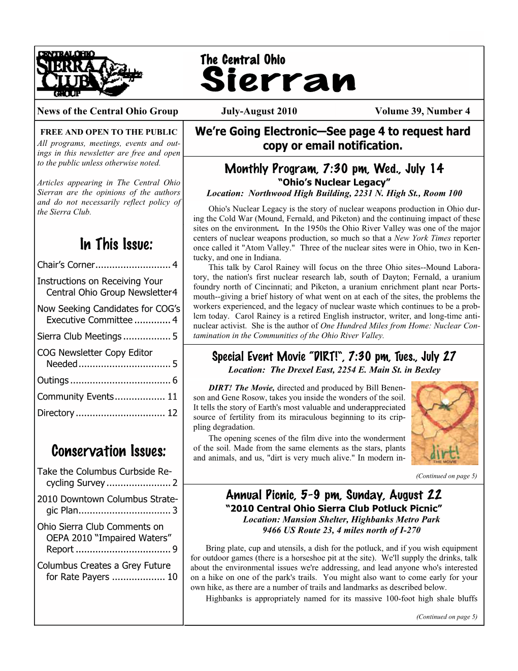 Sierran News of the Central Ohio Group July-August 2010 Volume 39, Number 4