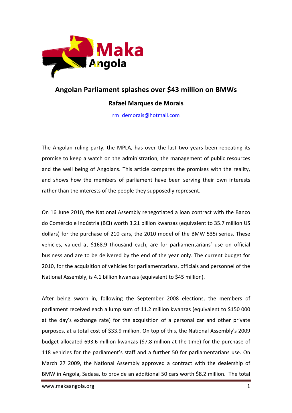 Angolan Parliament Splashes Over $43 Million on Bmws Rafael Marques De Morais Rm Demorais@Hotmail.Com