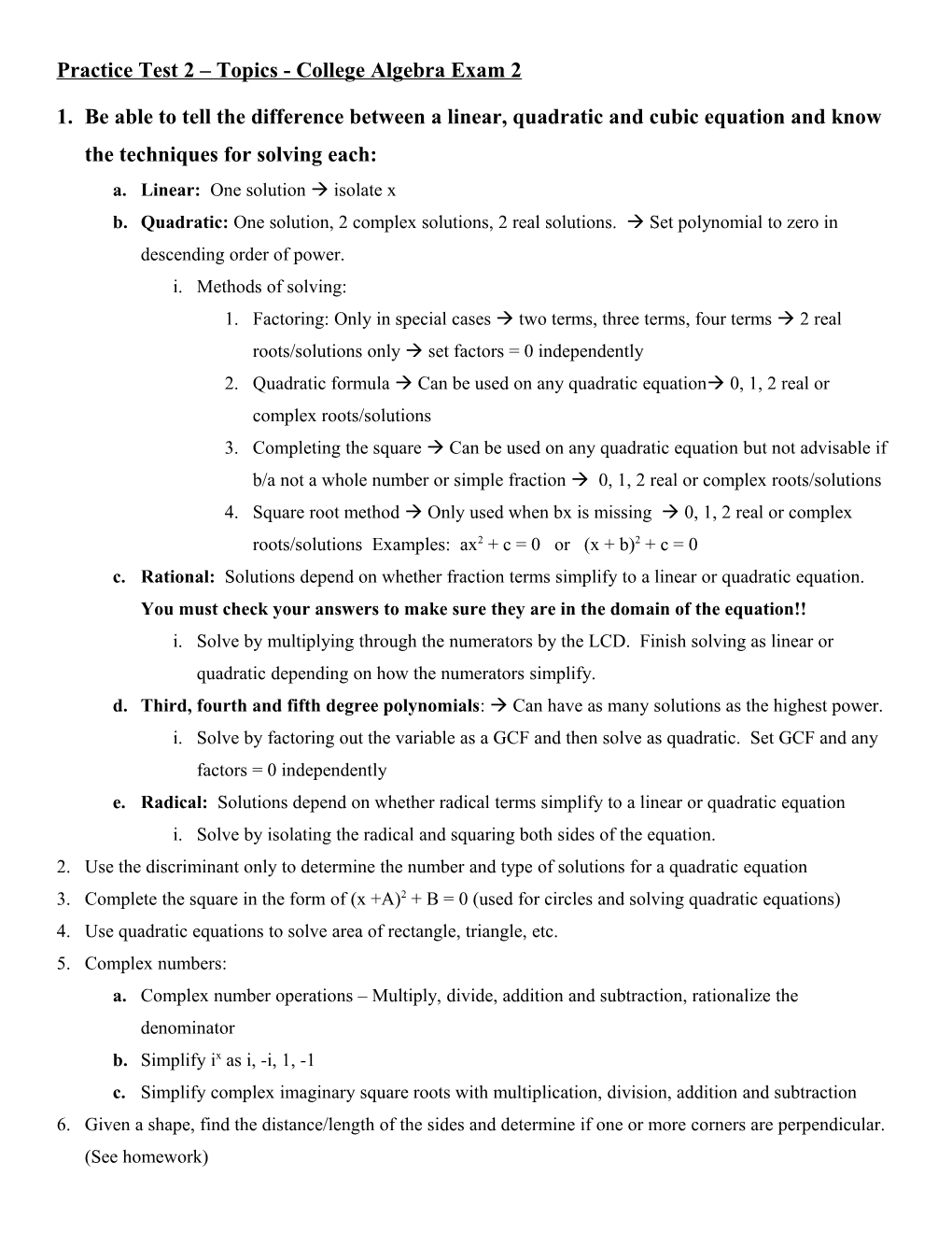 Practice Test 2 Topics - College Algebra Exam 2