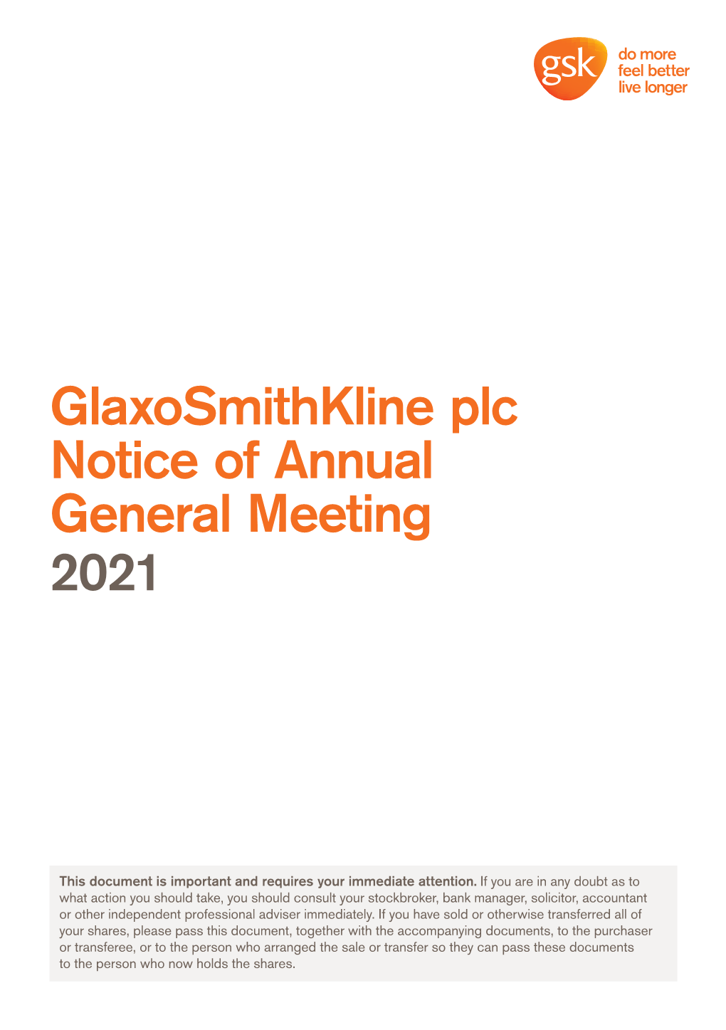 Glaxosmithkline Plc Notice of Annual General Meeting 2021