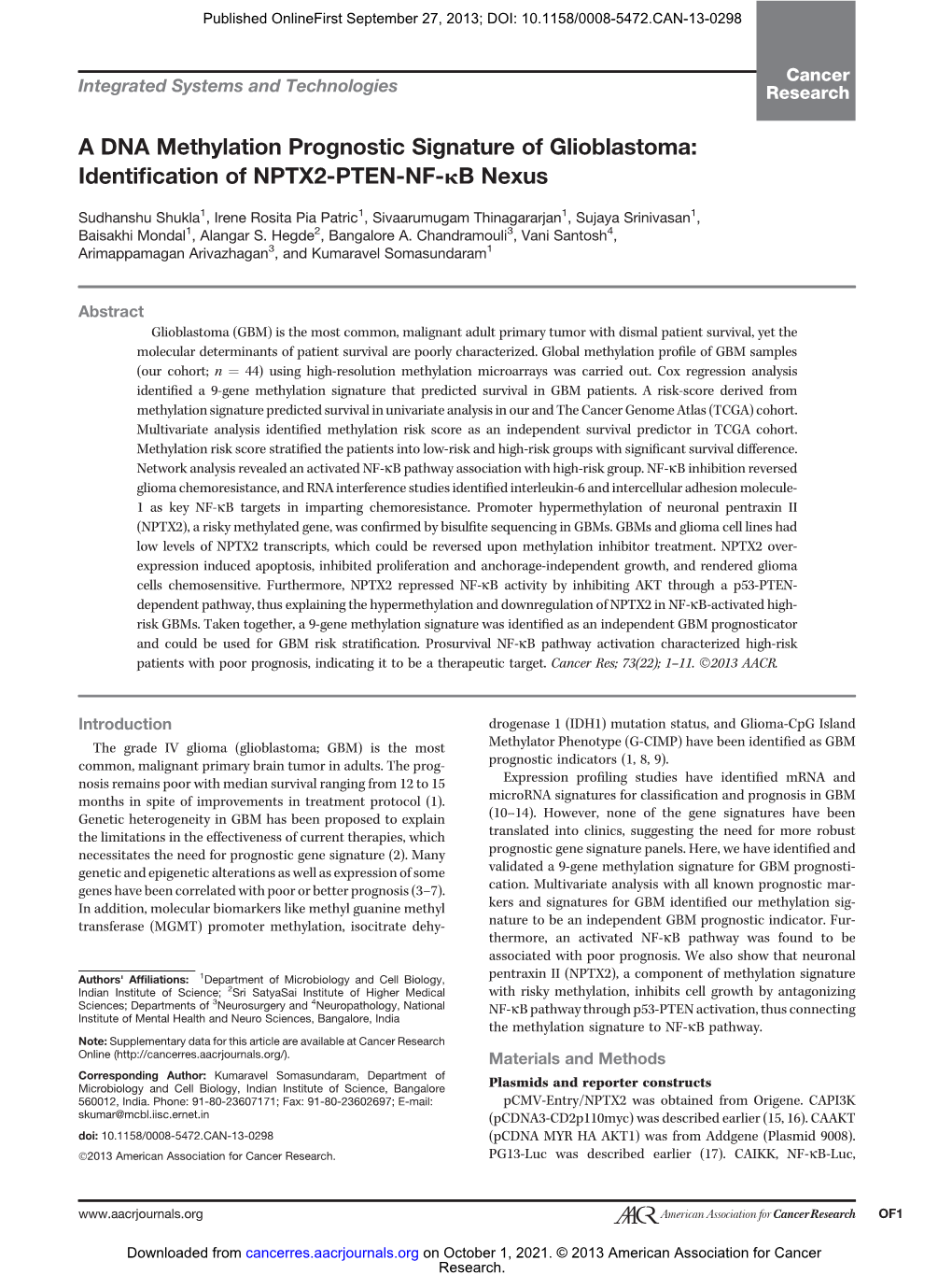 A DNA Methylation Prognostic Signature of Glioblastoma: Identiﬁcation of NPTX2-PTEN-NF-Kb Nexus