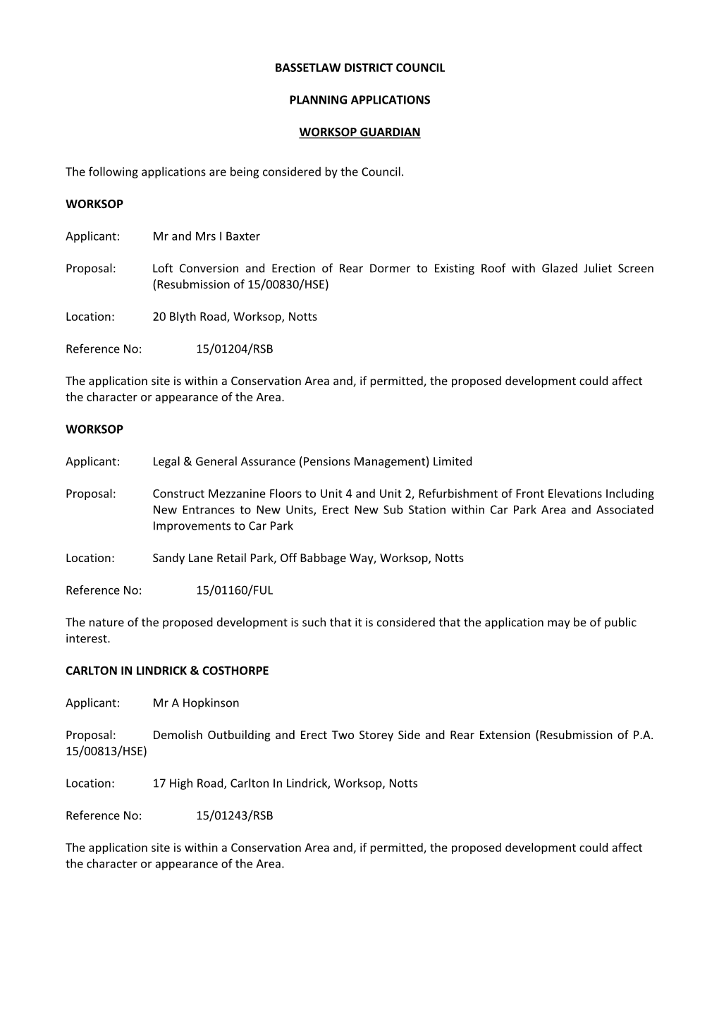 Bassetlaw District Council Planning Applications