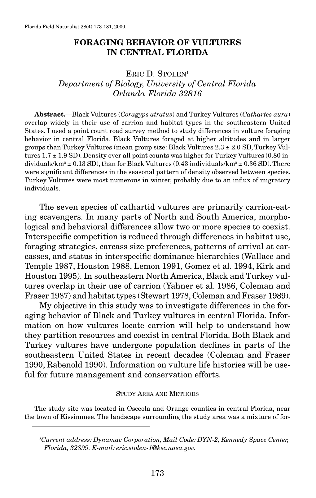 173 Foraging Behavior of Vultures in Central Florida