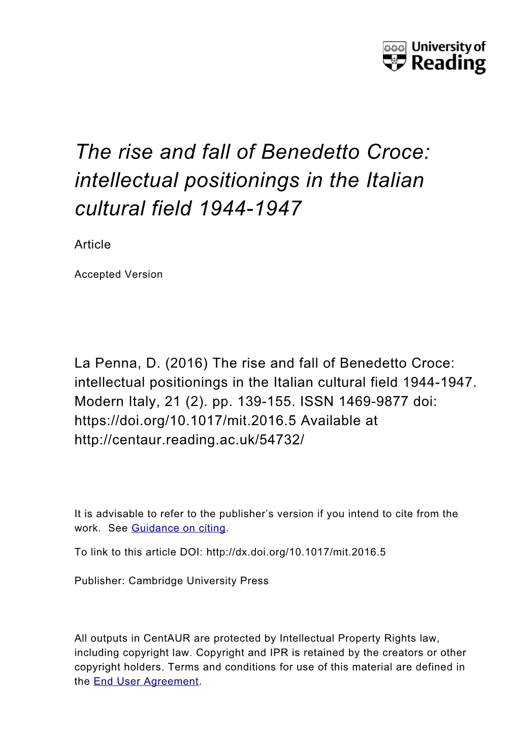 The Rise and Fall of Benedetto Croce: Intellectual Positionings in the Italian Cultural Field 1944-1947