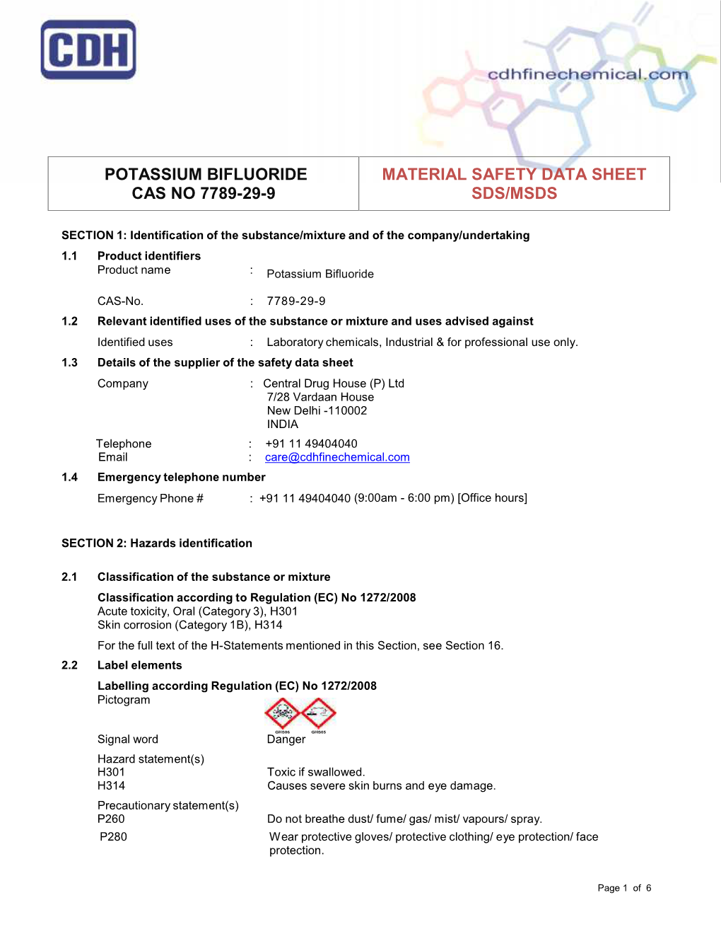 Potassium Bifluoride Cas No 7789-29-9 Material Safety Data Sheet Sds/Msds