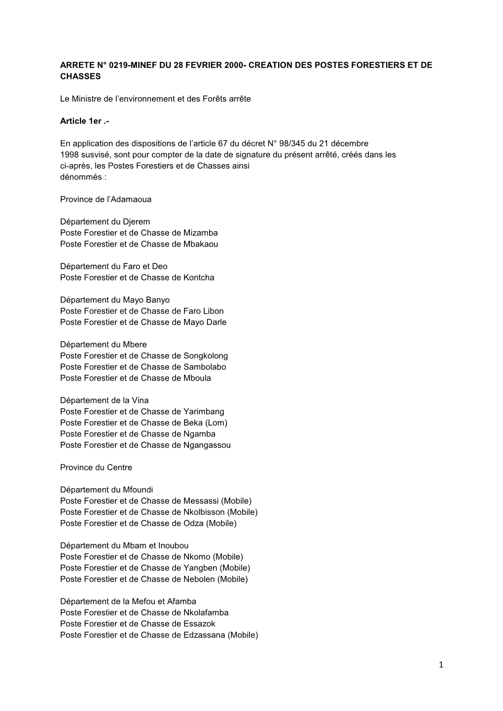 Arrete N° 0219-Minef Du 28 Fevrier 2000- Creation Des Postes Forestiers Et De Chasses