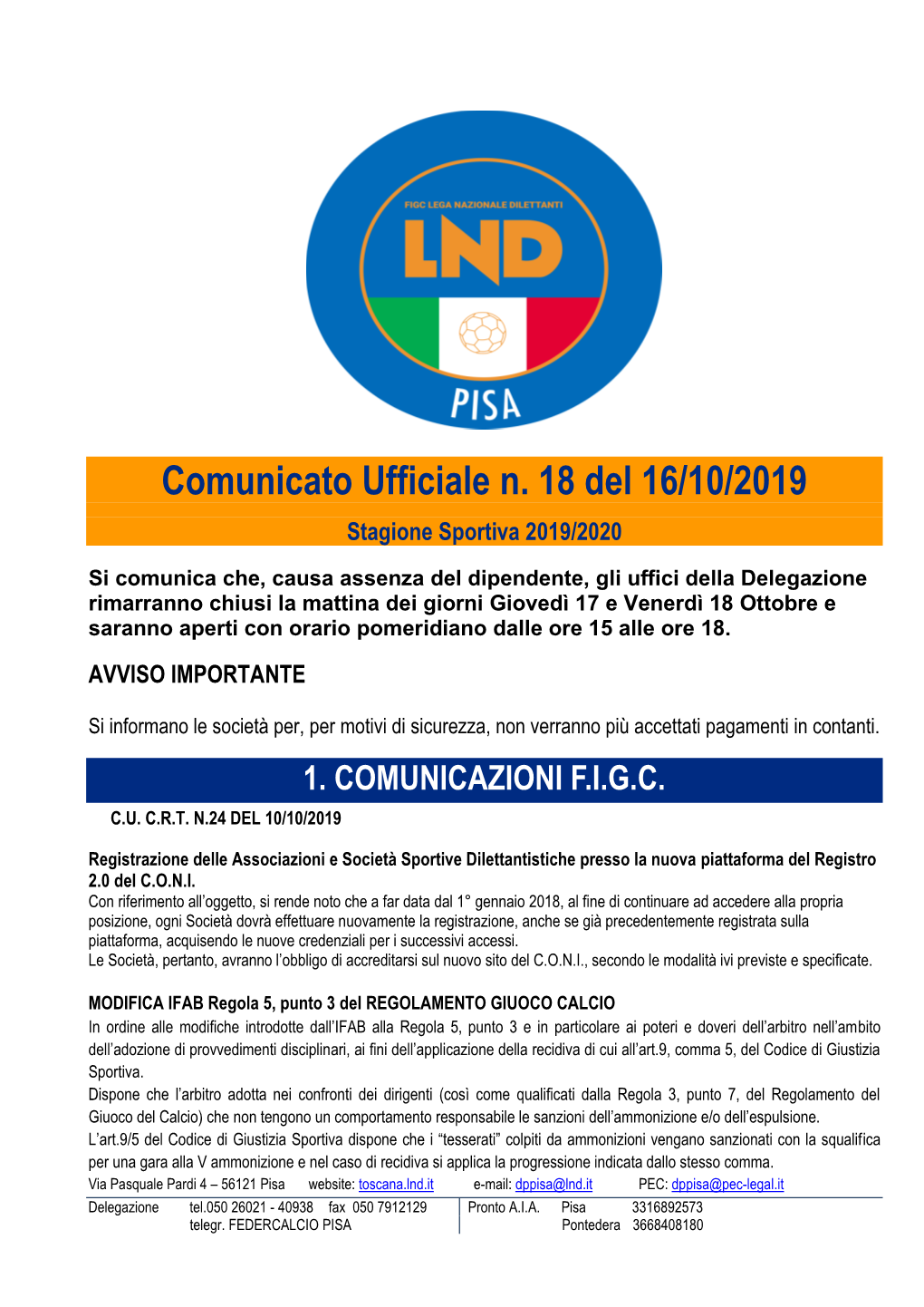 Comunicato Ufficiale N. 18 Del 16/10/2019