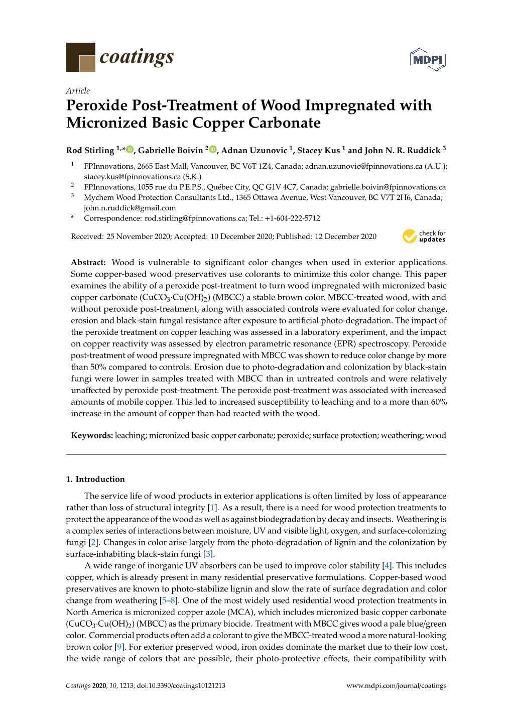 Peroxide Post-Treatment of Wood Impregnated with Micronized Basic Copper Carbonate